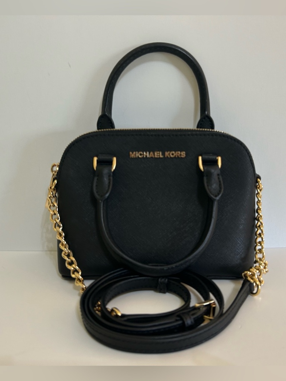 Michael Kors Black Dome Satchel with Gold Chain Crossbody Strap Top Handle